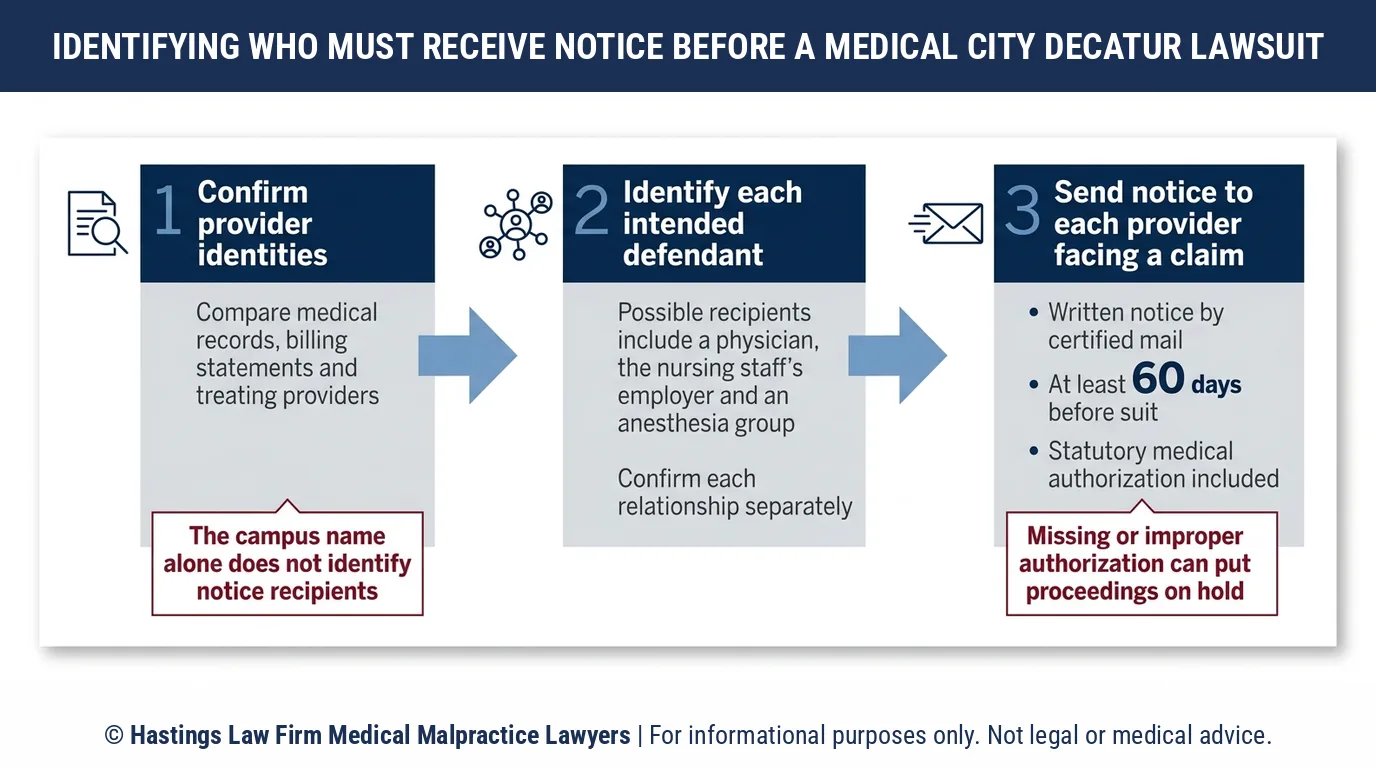 A qué proveedores envía un abogado especializado en negligencia hospitalaria una notificación certificada antes de iniciar una demanda por los cuidados recibidos en Medical City Decatur.