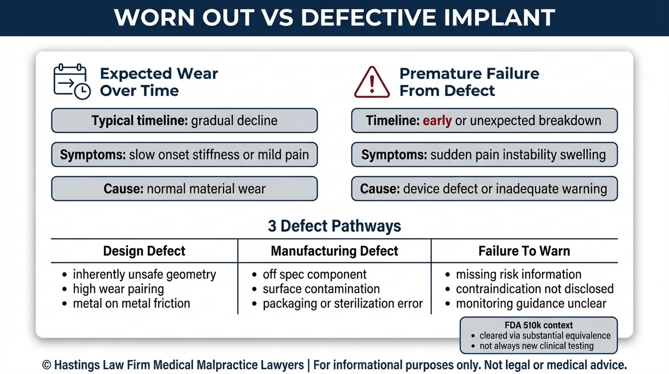 Comparison chart explaining worn out versus defective implant concepts for an Austin Defective Joint Replacement Lawyer case review, including design defect, manufacturing defect, and failure to warn pathways.