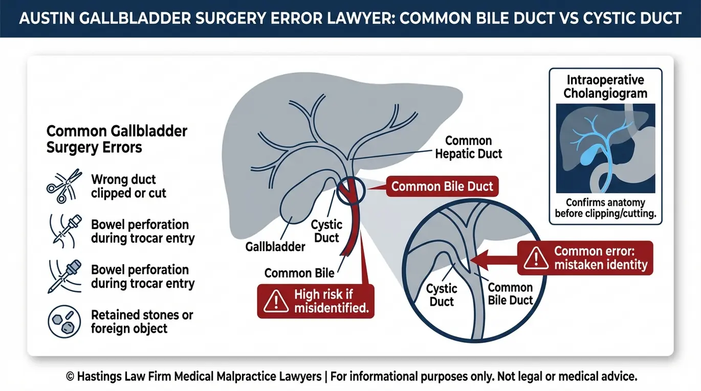 Clinical diagram for an Austin Gallbladder Surgery Error Lawyer showing cystic duct versus common bile duct misidentification and how a cholangiogram confirms biliary anatomy.
