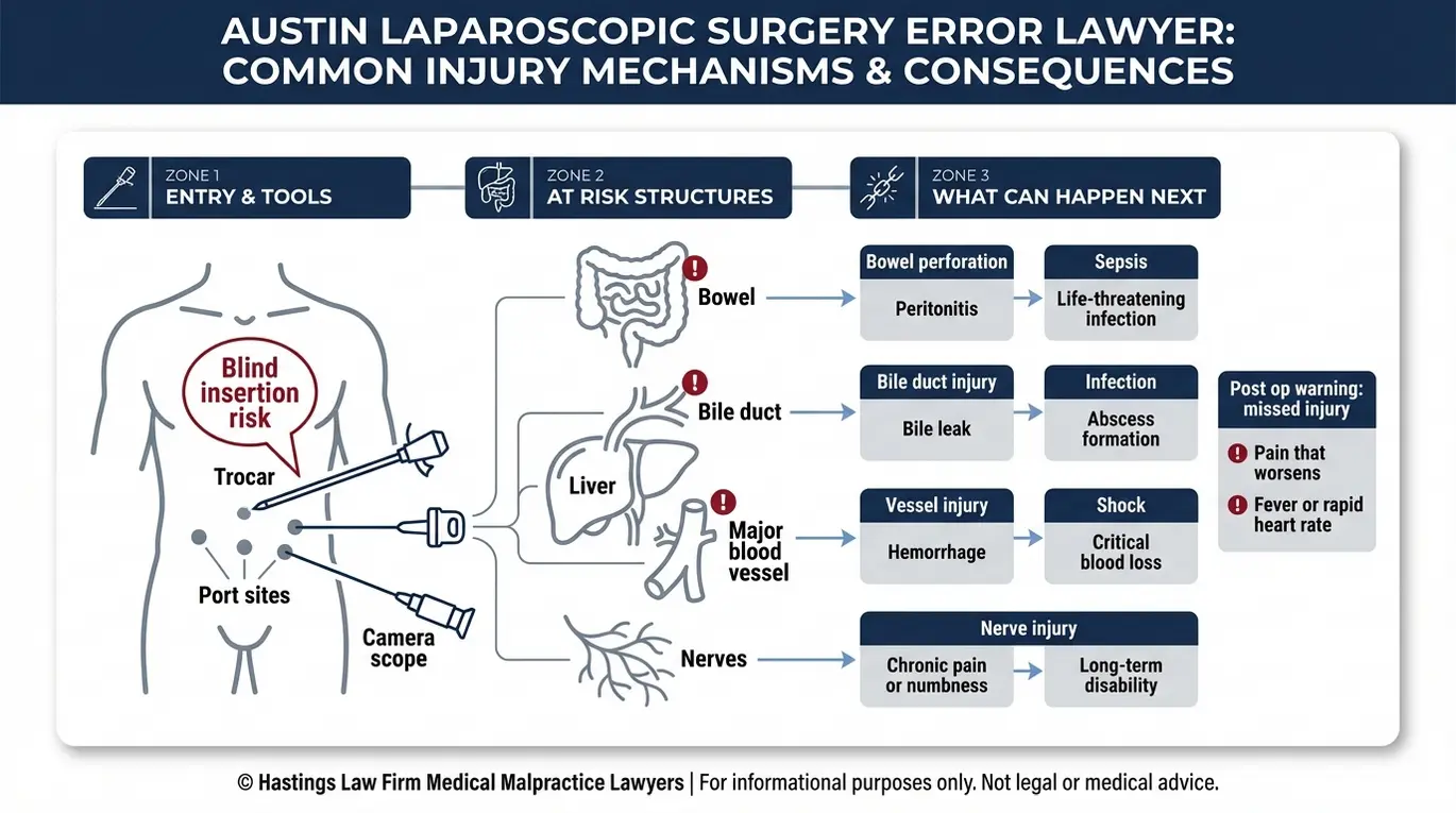 Diagrama clínico que muestra cómo la entrada del trócar y del endoscopio puede causar perforación intestinal, lesión de la vía biliar, hemorragia vascular y sepsis.