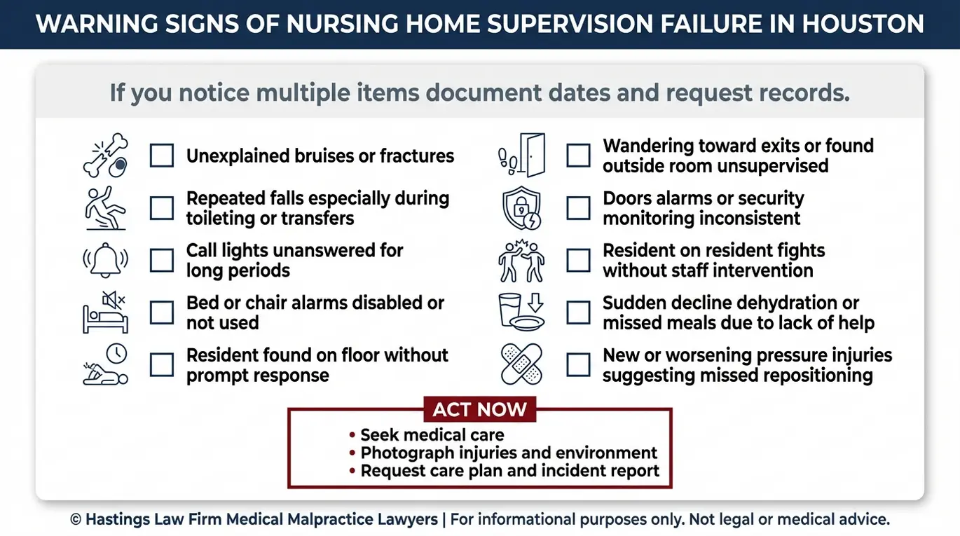 Warning checklist of red flags a Houston Nursing Home Supervision Lawyer uses to spot negligent supervision including falls wandering elopement missed call lights and resident aggression.