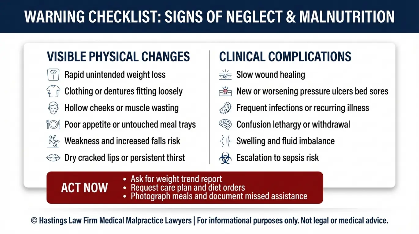 Warning checklist of nursing home malnutrition signs and complications used by a Texas Nursing Home Malnutrition Lawyer to evaluate neglect including weight loss pressure ulcers infection confusion and dehydration.