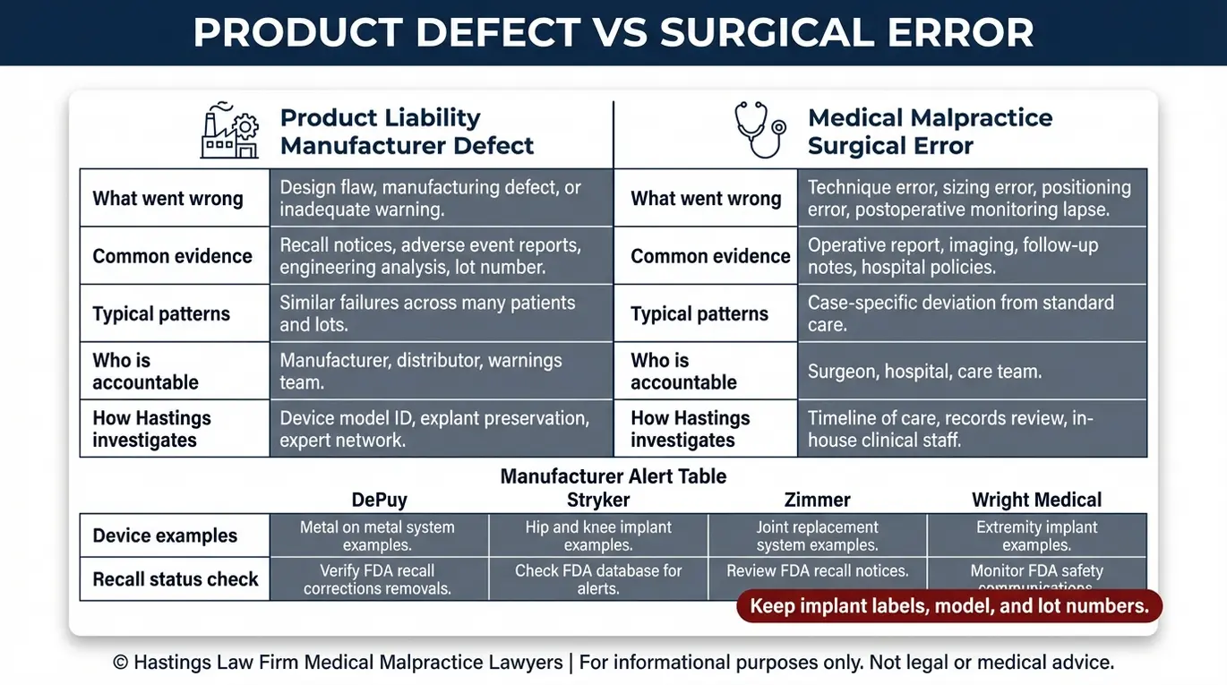 Tabla comparativa en la que se explican las teorías sobre defectos del producto frente a las de error quirúrgico para un caso de un abogado especializado en implantes articulares defectuosos en Phoenix, con una tabla de alertas del fabricante y pruebas clave para identificar los implantes de cadera y rodilla retirados del mercado.