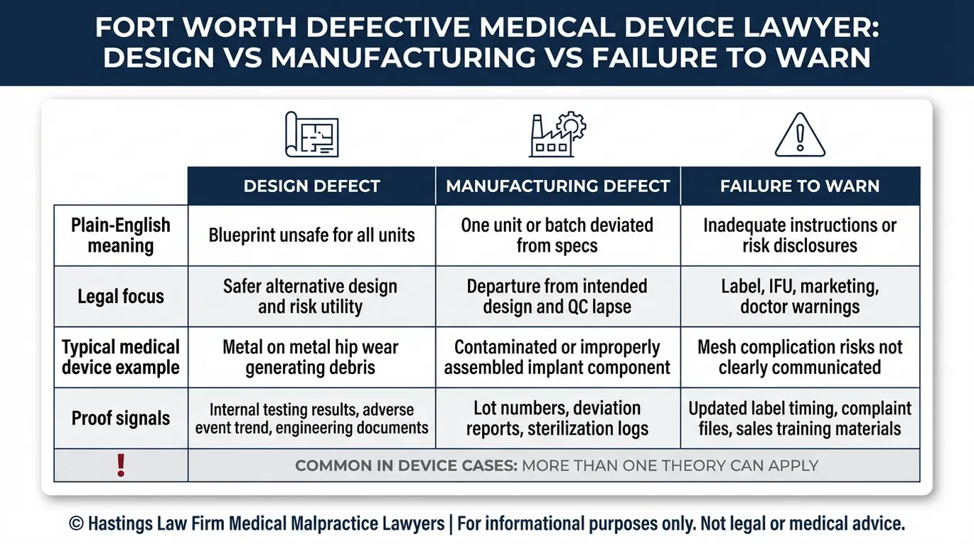 Tabla comparativa que explica las teorías sobre defectos de diseño, defectos de fabricación y falta de advertencia utilizadas por un abogado especializado en dispositivos médicos defectuosos de Fort Worth.