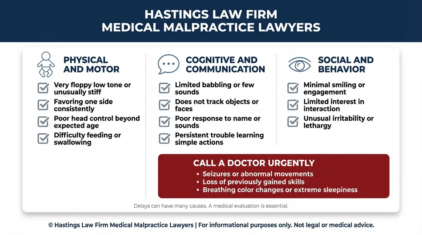 Warning checklist of early milestones and red flags used by an Arizona Developmental Delay Birth Injury Lawyer to evaluate whether a childs missed development may be linked to birth injury.