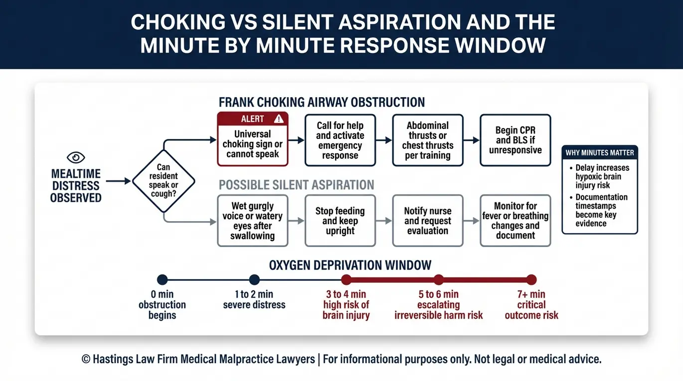 Diagrama de flujo del proceso que muestra los signos de asfixia frente a los de aspiración silenciosa y una línea de tiempo de privación de oxígeno basada en minutos para una evaluación Texas de Abogado de Asfixia en Residencia de Ancianos.