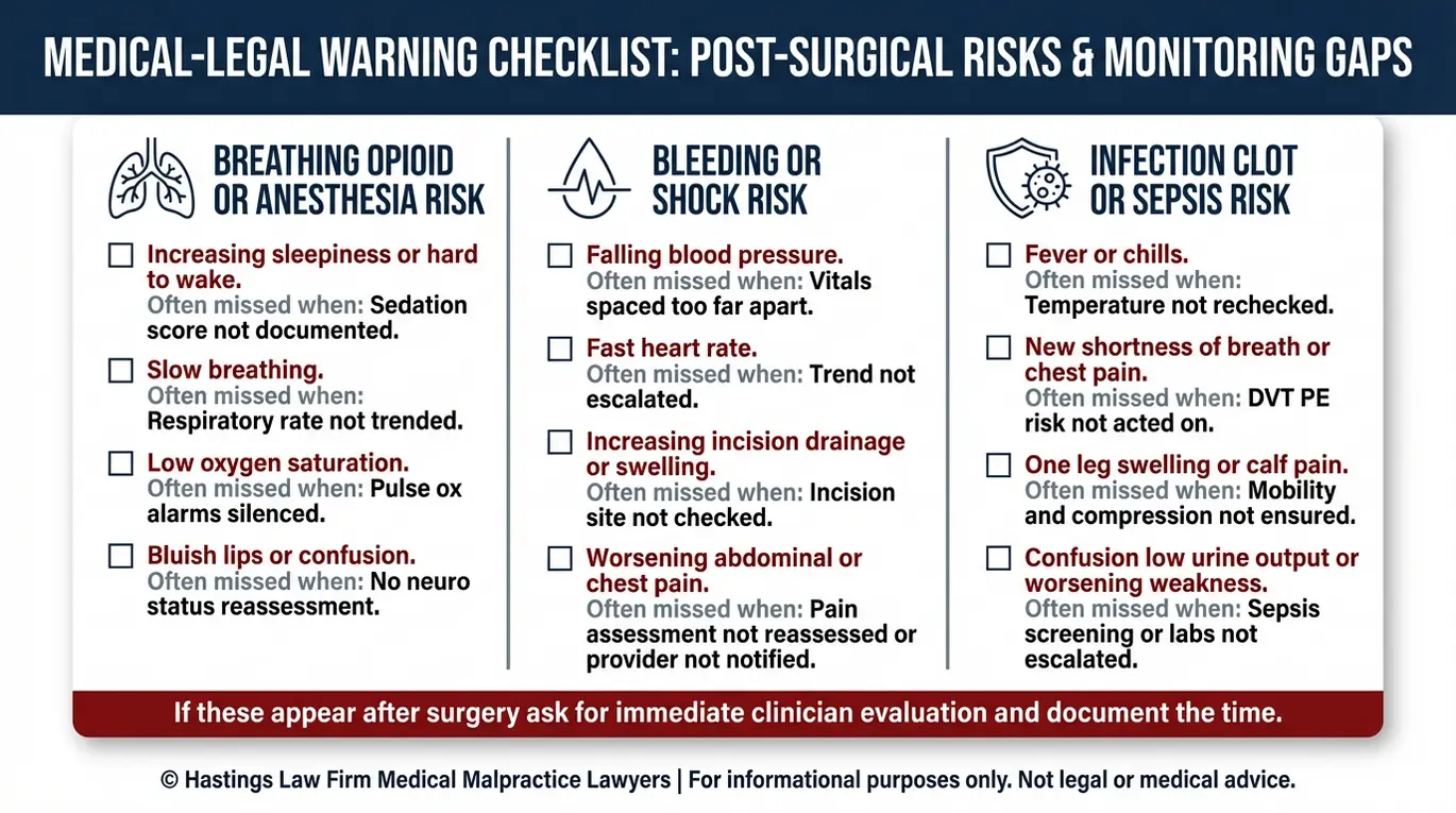 Lista de comprobación de advertencias de banderas rojas postoperatorias y fallos comunes en la monitorización de averías para una guía del abogado de negligencia postoperatoria de Arizona que cubre los riesgos de hemorragia respiratoria, coágulo de infección y sepsis.