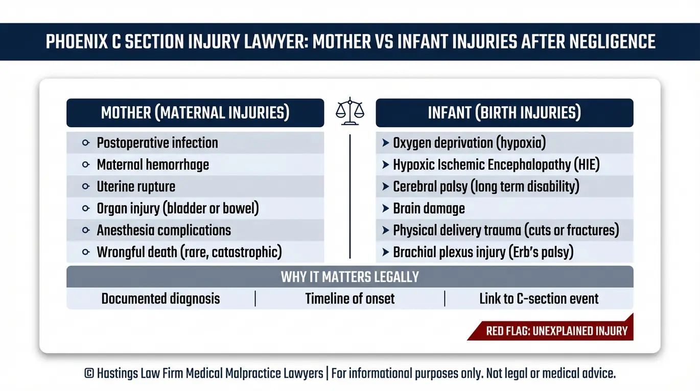 Tabla comparativa que muestra las lesiones de la madre frente a las del bebé en relación con una demanda ante un abogado especializado en lesiones por cesárea en Phoenix, incluyendo hemorragias, infecciones, daño cerebral perinatal (HIE) y parálisis cerebral.