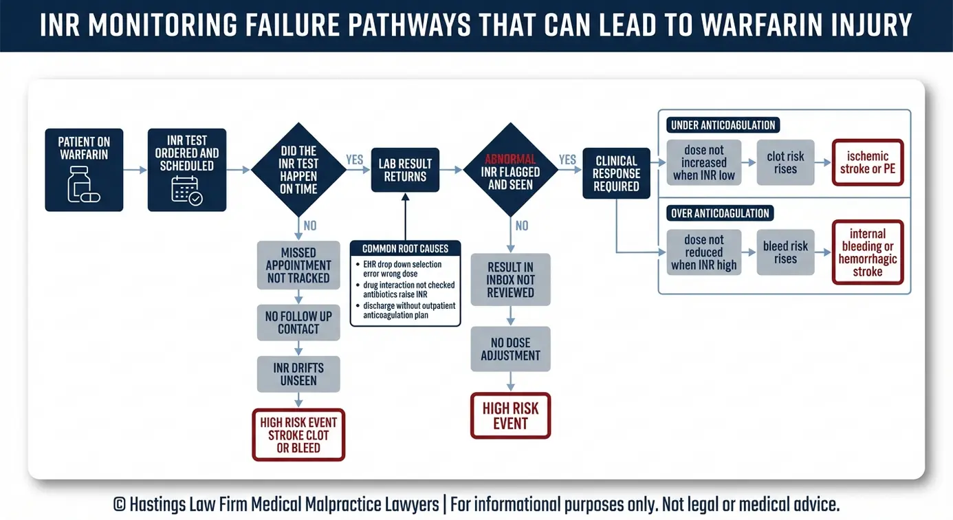 Process flowchart mapping missed INR tests abnormal INR results and dosing response failures that may support a claim discussed by an Arizona Warfarin Mismanagement Lawyer.