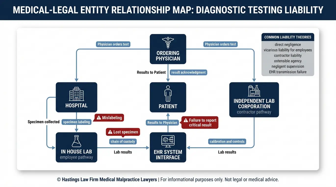 Entity map explaining hospital versus independent laboratory liability paths for a lab error claim relevant to an Arizona Medical Lab Testing Malpractice Lawyer.