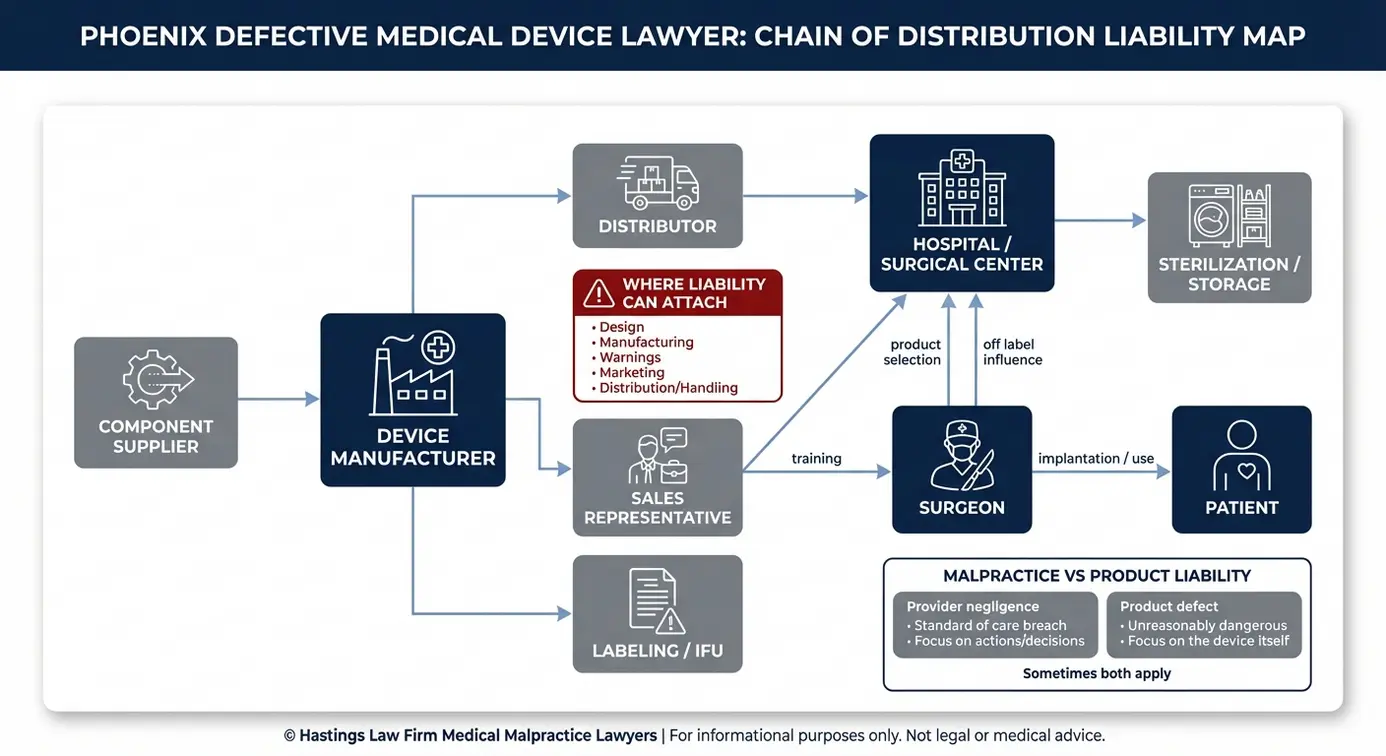 Diagrama de relaciones entre entidades elaborado por un abogado especializado en dispositivos médicos defectuosos de Phoenix, en el que se muestra la cadena de responsabilidad en la distribución, desde el proveedor de componentes hasta el fabricante, el distribuidor, el representante de ventas, el hospital, el cirujano y el paciente.