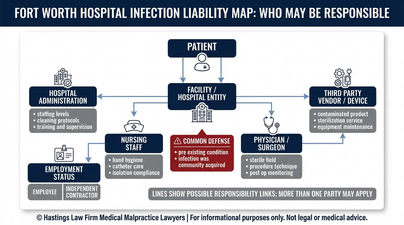 Mapa de relación de entidades que muestra las posibles partes responsables en un caso de infección hospitalaria para un debate de abogados de infecciones hospitalarias en Fort Worth.