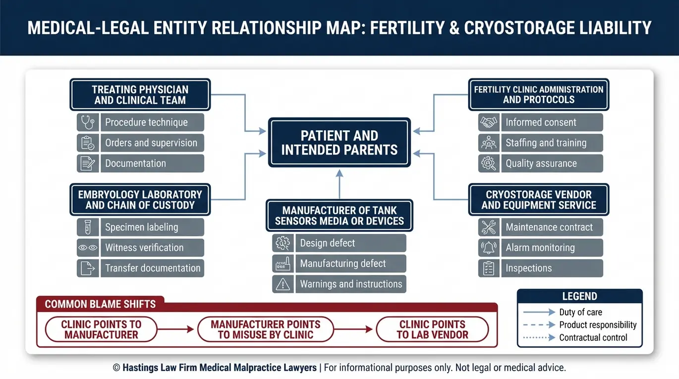 Entity relationship map for a Texas Fertility Clinic Malpractice Lawyer showing potential liability links among fertility clinic doctors embryology lab cryostorage vendors and manufacturers in assisted reproductive technology cases.