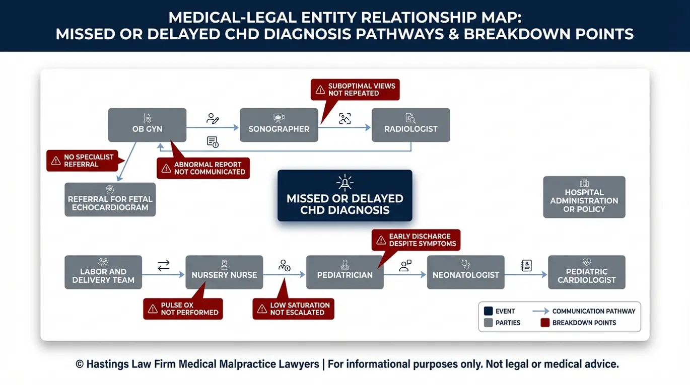 Entity relationship map for a Texas Infant Congenital Heart Disease Diagnosis Failure Lawyer linking OB GYN sonographer radiologist pediatrician neonatologist and hospital roles to common communication breakdown points in delayed CHD diagnosis.
