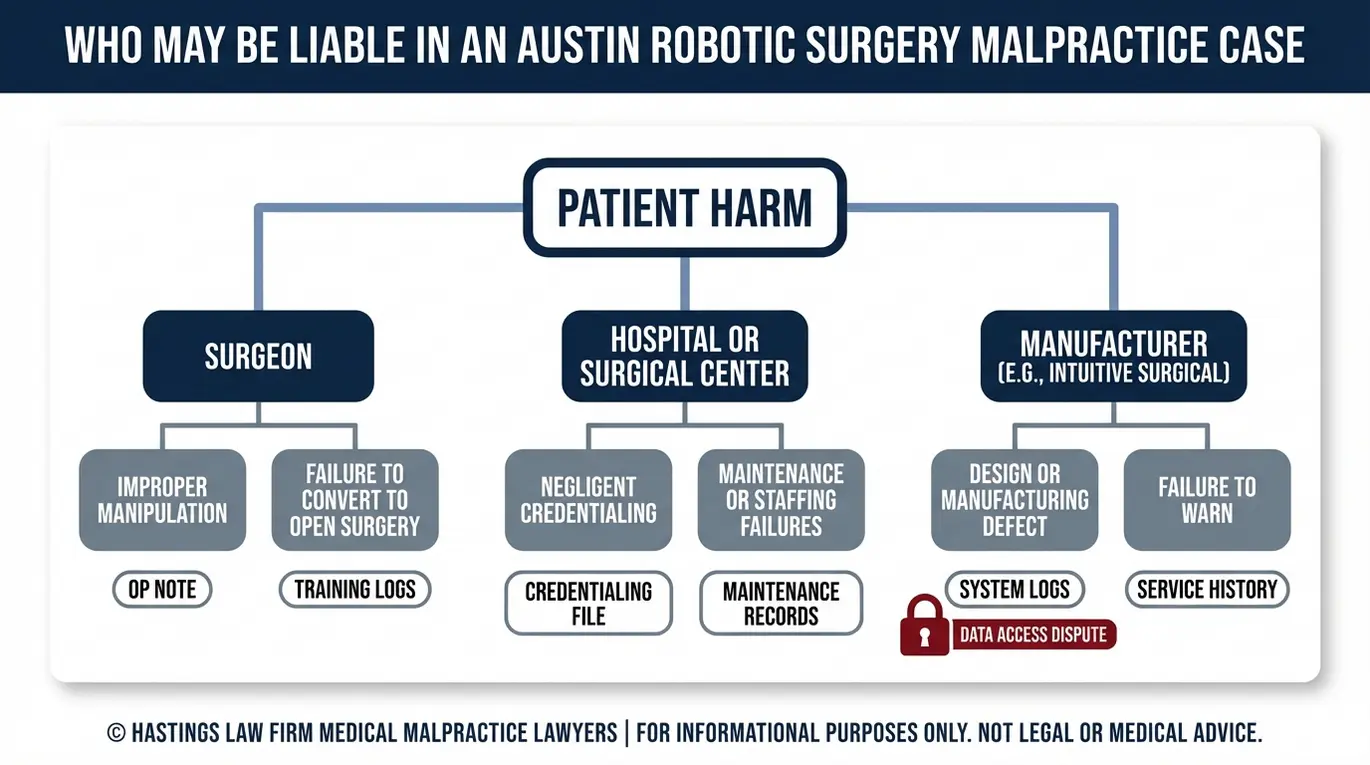 Mapa de entidades que muestra las vías de responsabilidad del cirujano, el hospital y el fabricante, así como las pruebas clave, en un caso de negligencia médica en cirugía robótica en Austin.