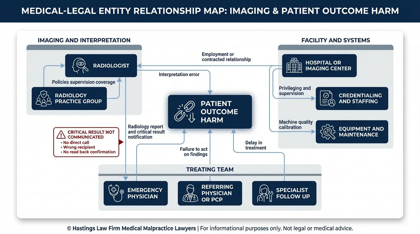 Diagrama de relaciones entre entidades que muestra la relación entre el radiólogo, el hospital, el grupo de práctica de radiología y los médicos tratantes, en relación con los errores de comunicación y la responsabilidad subsidiaria en un caso de negligencia médica (Texas) en el que interviene un abogado especializado en negligencia de radiólogos y que se refiere a una interpretación errónea de una exploración.