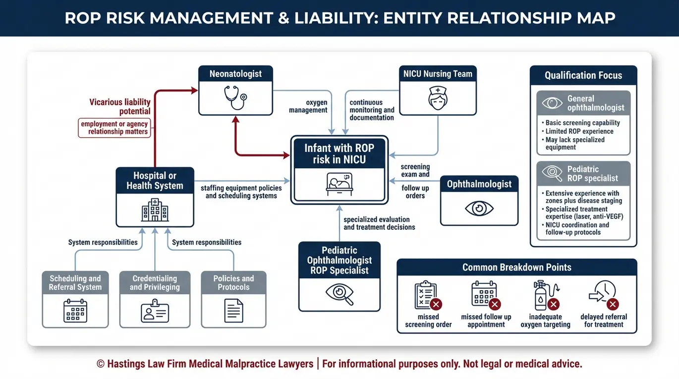 Entity relationship map explaining who an Arizona Retinopathy of Prematurity Lawyer may investigate including neonatologists NICU nurses hospital systems and ophthalmology providers and how duties connect to ROP screening and oxygen management.