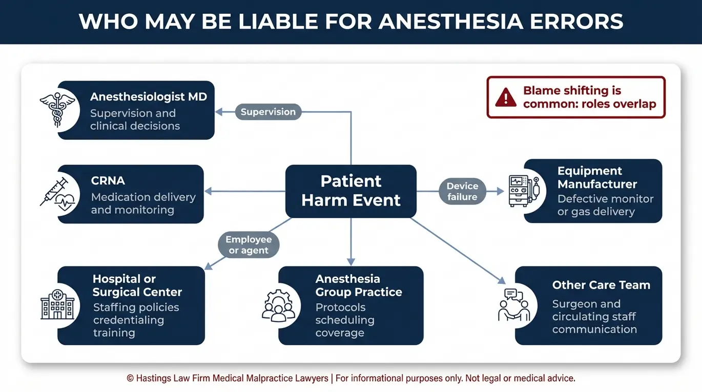 Diagrama de relaciones entre entidades que explica cómo un abogado especializado en errores de anestesia de Austin puede identificar a las partes responsables, tales como anestesiólogos, enfermeros anestesistas certificados (CRNA), hospitales, grupos de anestesia y fabricantes de equipos, en demandas por negligencia en materia de anestesia.