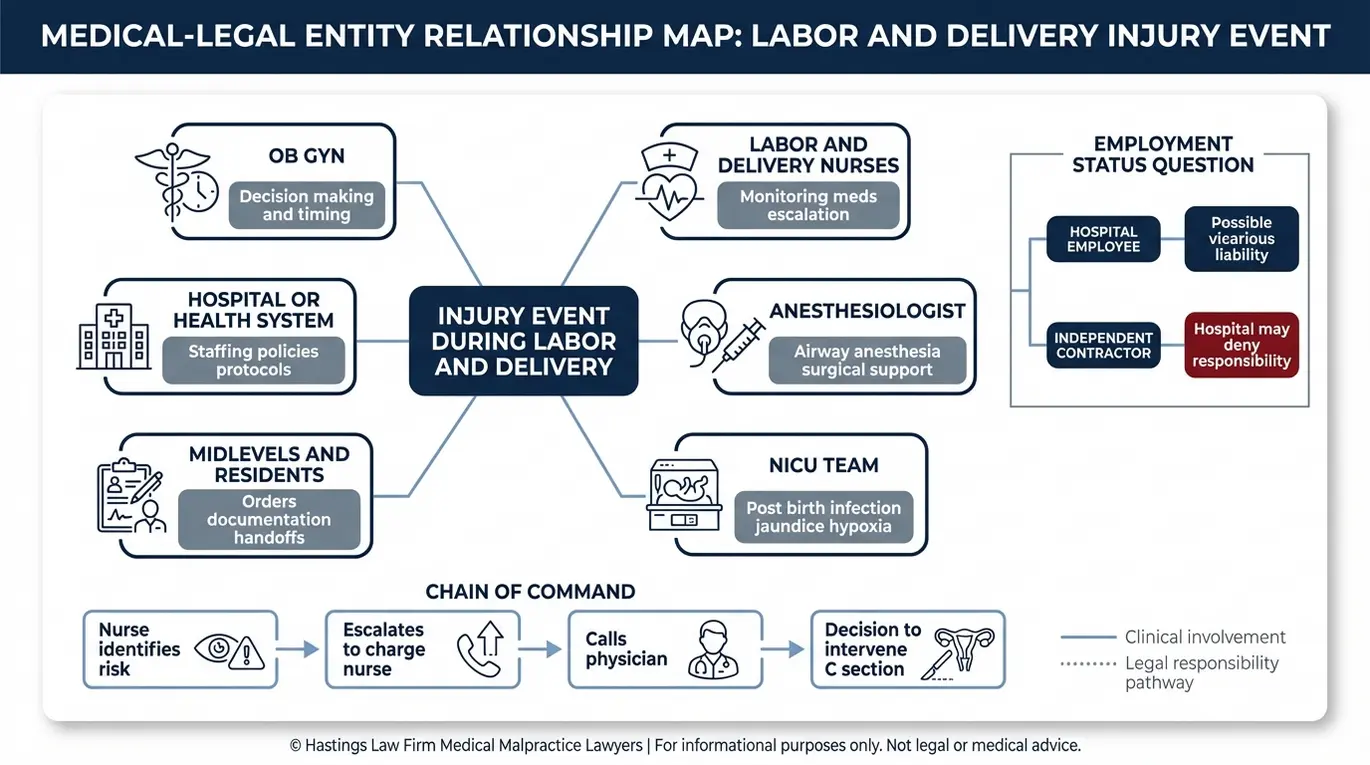 Diagrama de relaciones entre entidades que muestra cómo un abogado especializado en lesiones durante el parto en Arizona evalúa a las partes responsables, incluyendo el hospital, los ginecólogos-obstetras, el personal de enfermería, el anestesiólogo y el equipo de la UCIN, así como la situación laboral de estos para determinar la responsabilidad subsidiaria.