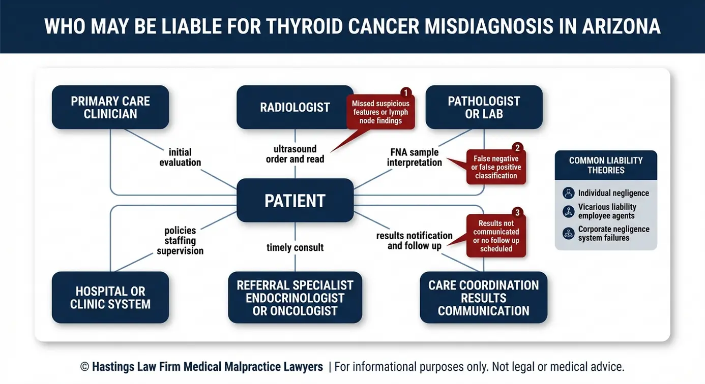 Mapa de entidades de posibles demandados que un abogado especializado en casos de diagnóstico erróneo de cáncer de tiroides en Arizona podría investigar, incluyendo médicos de atención primaria, radiólogos, patólogos, sistemas hospitalarios y fallos en la derivación de pacientes.
