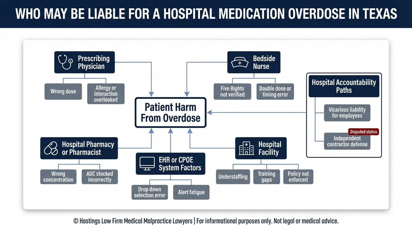 Diagrama de relaciones entre entidades de las partes responsables en un caso de sobredosis de medicamentos en un hospital, a modo de orientación por parte de un abogado especializado en sobredosis de medicamentos en hospitales según el modelo Texas.