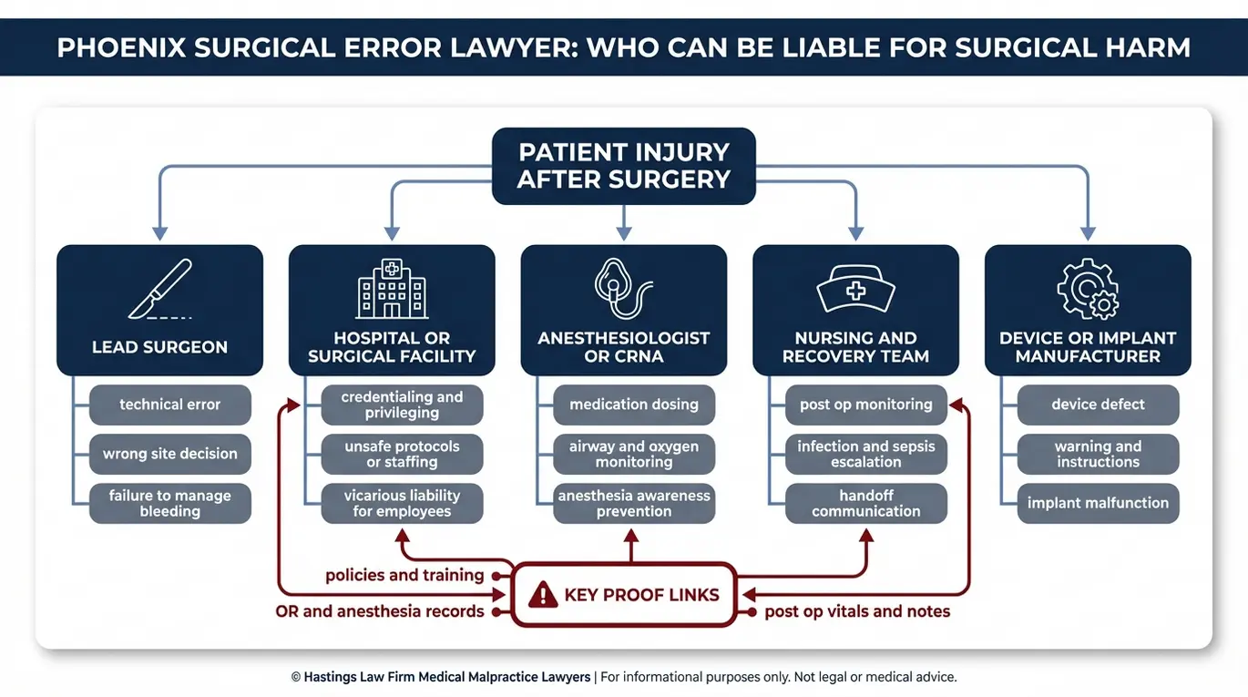 Diagrama de relaciones entre entidades que detalla las partes potencialmente responsables en un caso de lesiones quirúrgicas para un abogado especializado en errores quirúrgicos de Phoenix, incluyendo al cirujano, el hospital, el equipo de anestesia, el personal de enfermería y el fabricante del dispositivo.