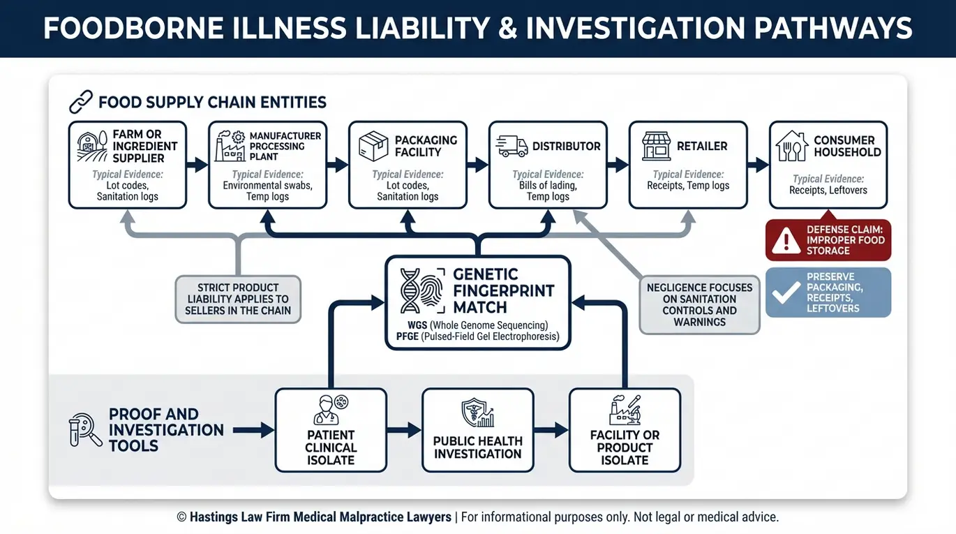 Diagrama de relaciones entre entidades que muestra cómo un abogado especializado en infecciones maternas por Listeria (Texas) puede vincular una infección por Listeria con fabricantes, distribuidores y minoristas mediante la comparación de huellas genéticas (WGS o PFGE) y pruebas de la cadena de suministro.