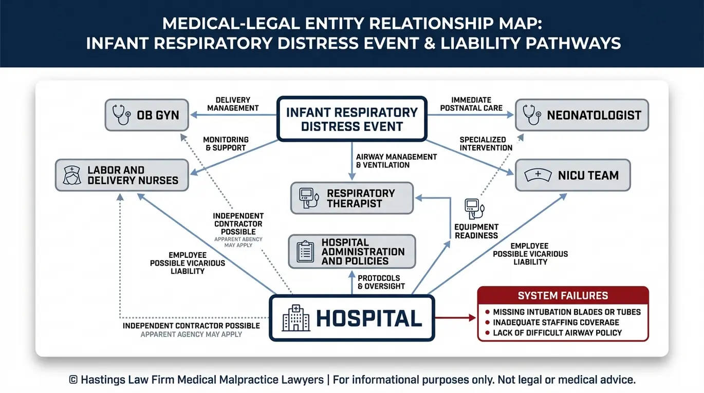 Entity relationship map showing hospital staff roles vicarious liability pathways and system failures analyzed by an Arizona Infant Delayed Airway Management Lawyer.