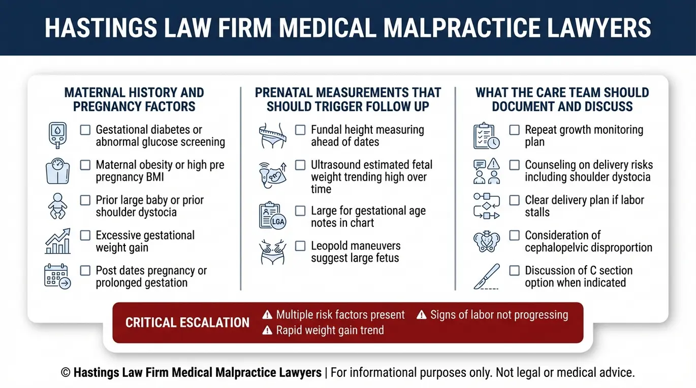 Checklist of prenatal red flags and documentation steps a Texas Macrosomia Birth Injury Lawyer reviews to identify missed macrosomia risk factors such as gestational diabetes abnormal growth measurements and lack of delivery planning.