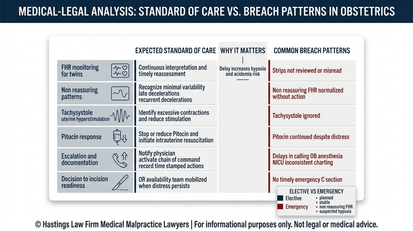 Comparison chart outlining standard of care versus breach in twin fetal monitoring tachysystole management and emergency C section timing relevant to a Texas Delayed Twin Delivery Injury Lawyer malpractice evaluation.