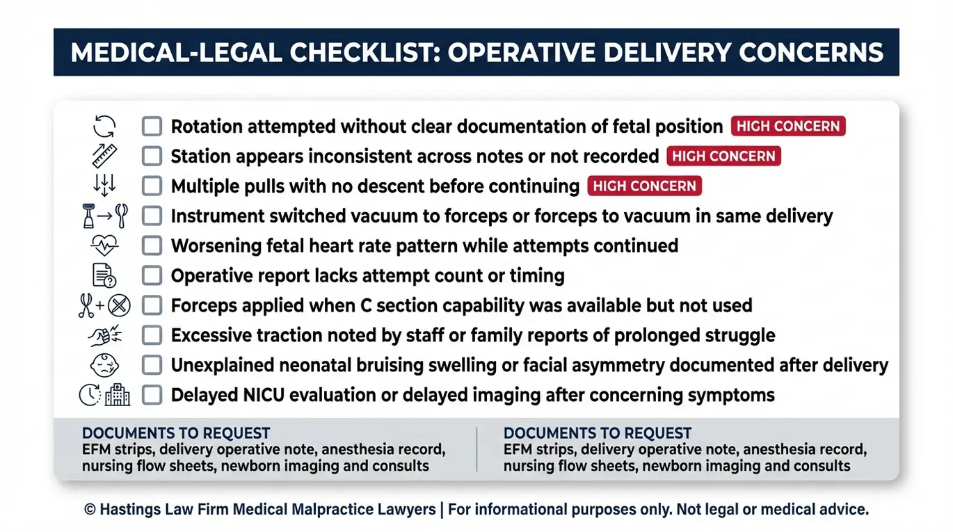 Warning checklist of red flags that may indicate negligence in a rotational forceps delivery for parents considering a Texas Rotational Forceps Birth Injury Lawyer.