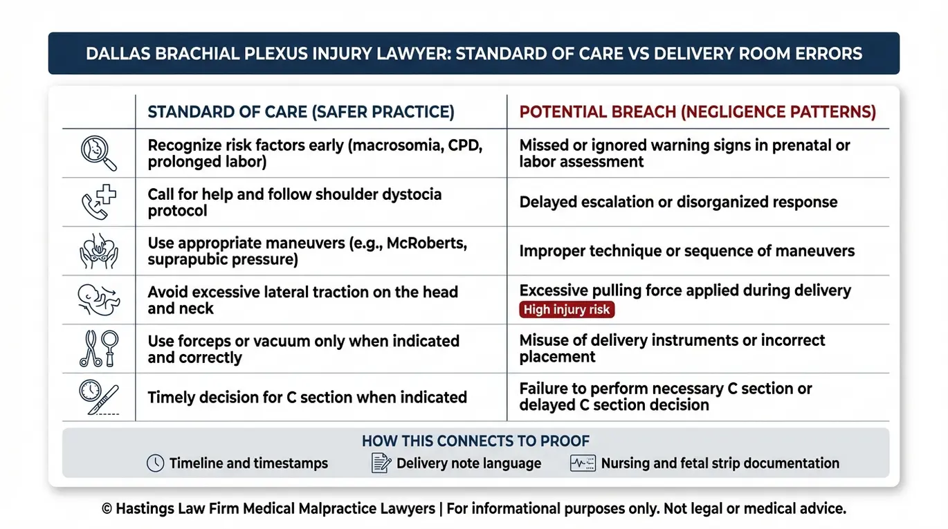 Standard of care versus potential negligence comparison chart for shoulder dystocia and instrument use in cases reviewed by a Dallas brachial plexus injury lawyer.