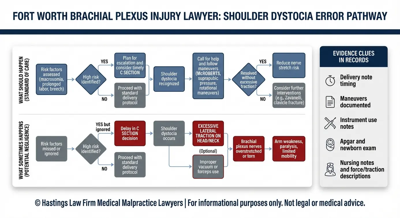 Diagrama de flujo que compara el tratamiento estándar de la distocia de hombros con las medidas de tracción excesiva por negligencia que pueden causar daño nervioso en un caso llevado por un abogado especializado en lesiones del plexo braquial en Fort Worth.