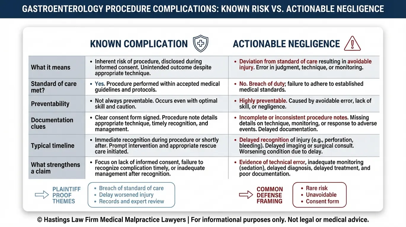 Tabla comparativa para abogados especializados en negligencia médica de gastroenterólogos de Arizona, en la que se explican las complicaciones conocidas frente a la negligencia susceptible de demanda en colonoscopias, gastroscopias, CPRE y sedación, con indicios documentales y elementos probatorios.