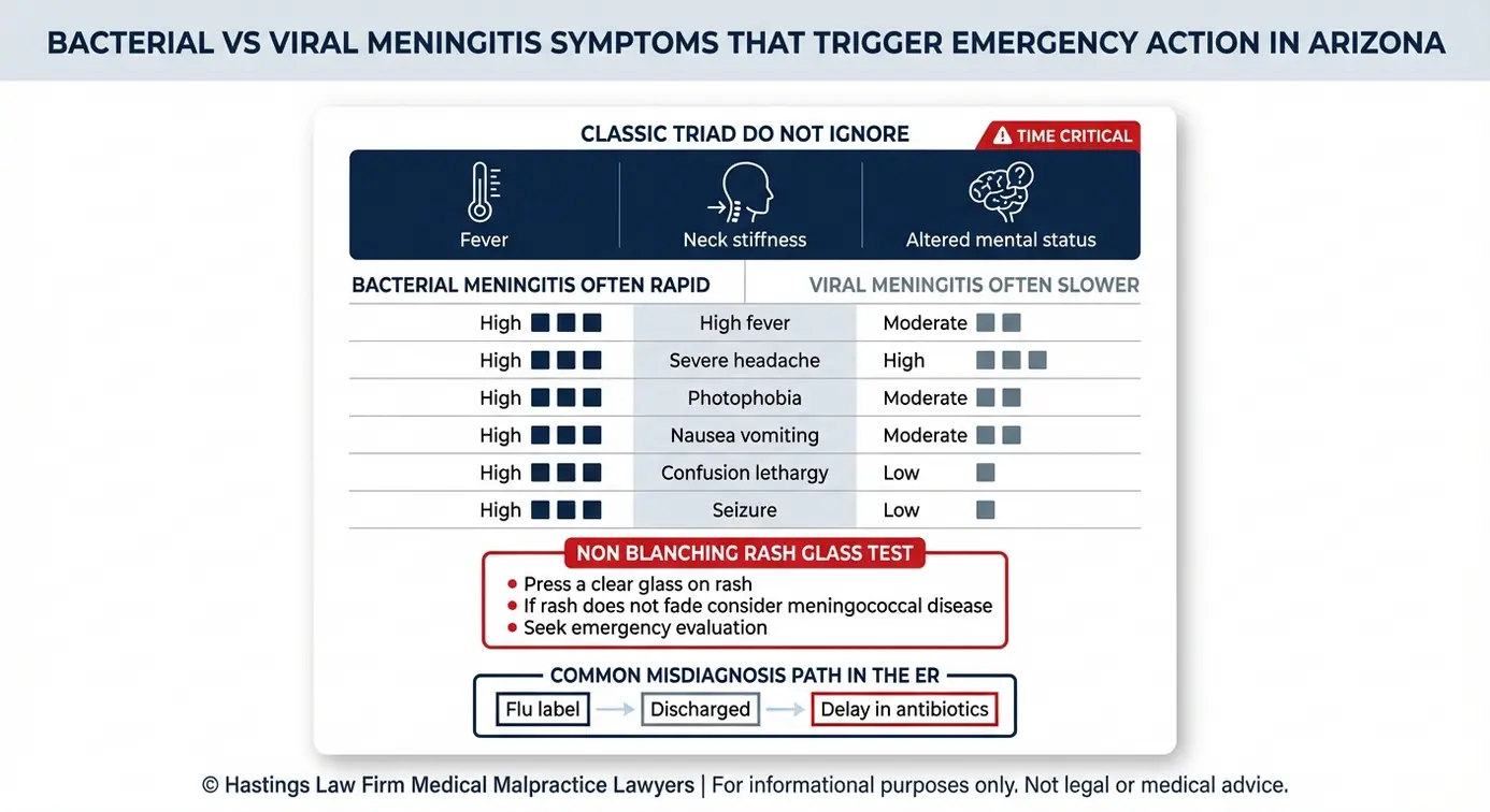 Tabla comparativa que muestra los síntomas de la meningitis bacteriana frente a los de la viral, incluyendo la tríada clásica y la erupción cutánea que no palidece al presionar, para explicar qué evalúa un abogado especializado en diagnósticos erróneos de meningitis en Arizona en los casos de diagnóstico tardío.