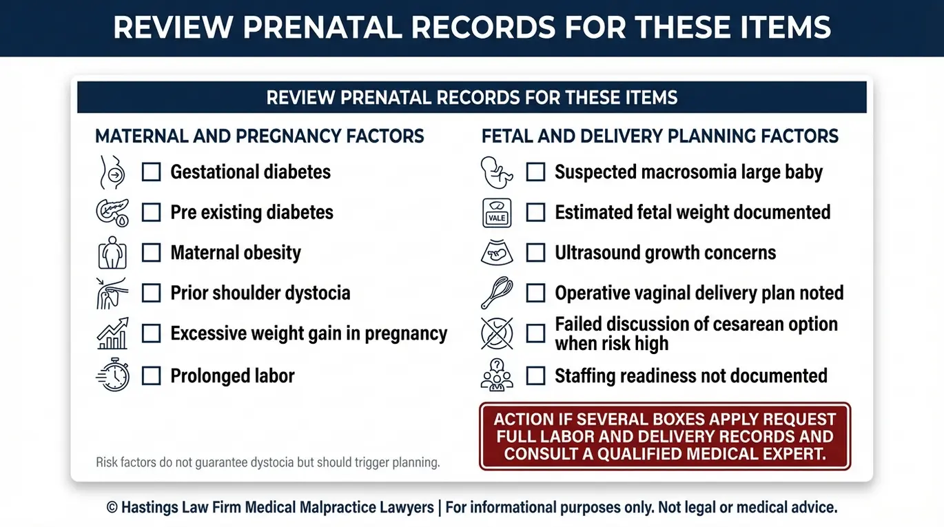 Lista de verificación de factores de riesgo de macrosomía prenatal y diabetes, además de señales de alerta para la planificación del parto, que se utiliza al evaluar un caso con un abogado especializado en lesiones por distocia de hombros en Arizona.