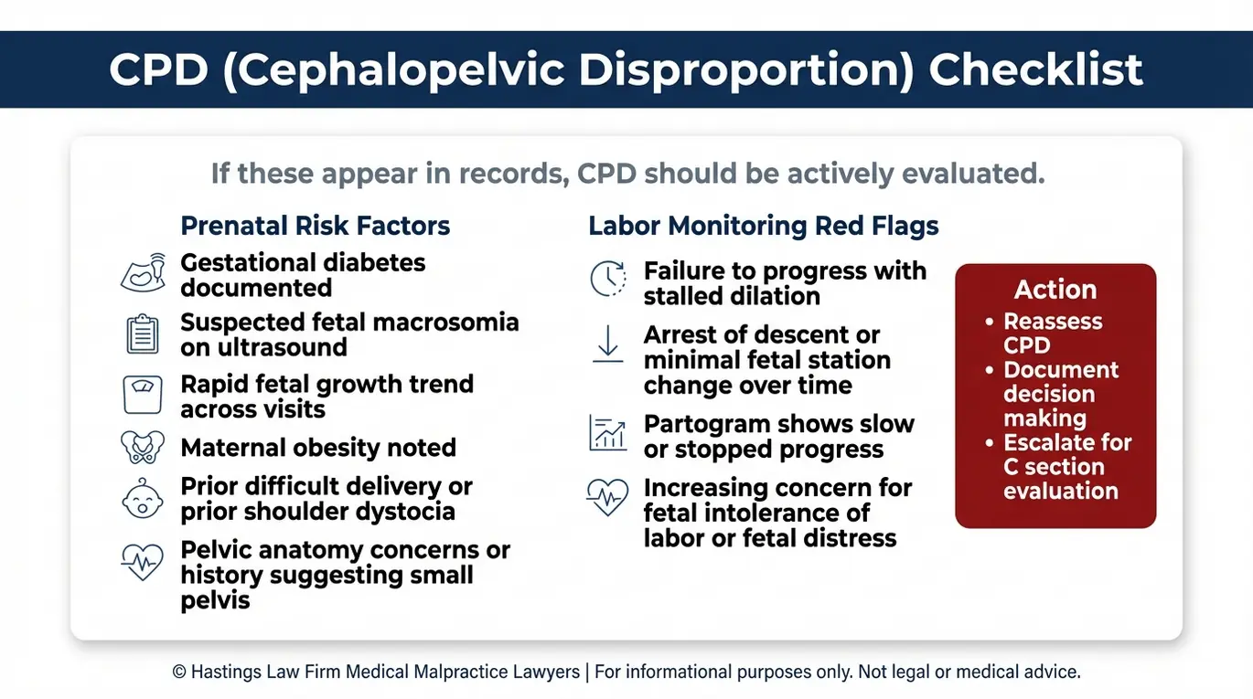 Checklist of cephalopelvic disproportion risk factors and labor monitoring red flags used by a Texas Cephalopelvic Disproportion Injury Lawyer to evaluate missed diagnosis errors.