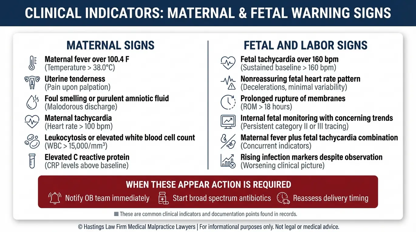 Warning checklist of maternal and fetal red flags used by a Texas Untreated Chorioamnionitis Lawyer to review missed signs including fever uterine tenderness foul amniotic fluid leukocytosis and fetal tachycardia over 160 bpm.