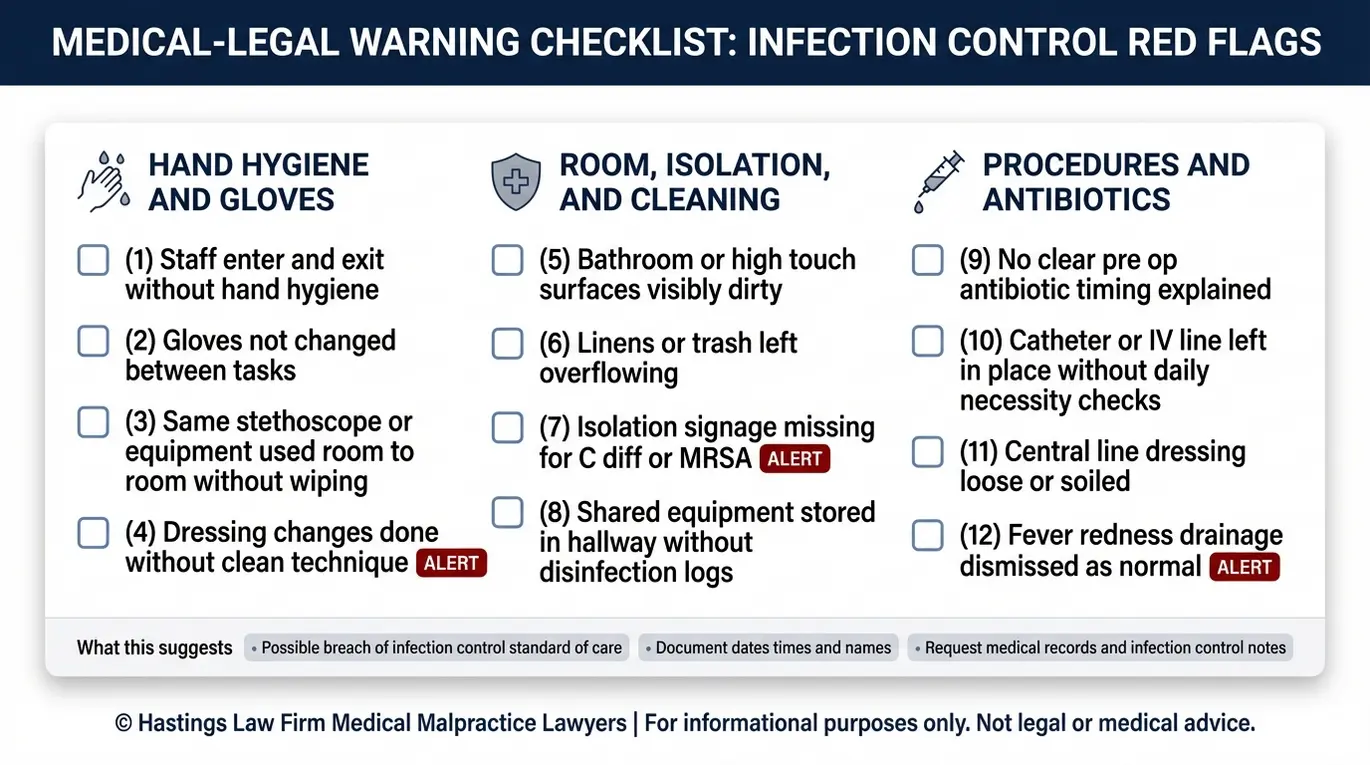 Lista de verificación de advertencias que señala señales de alerta de que una infección nosocomial evitable podría implicar negligencia, para su evaluación por parte de un abogado especializado en infecciones hospitalarias de Texas.