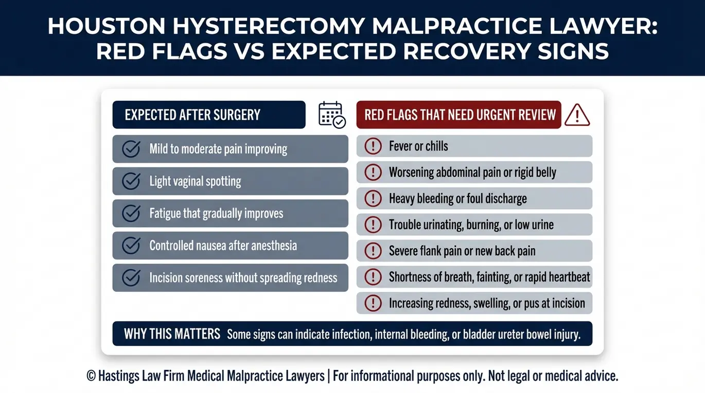 Warning checklist for a Houston Hysterectomy Malpractice Lawyer showing expected recovery symptoms versus urgent red flags like fever heavy bleeding and urination problems.