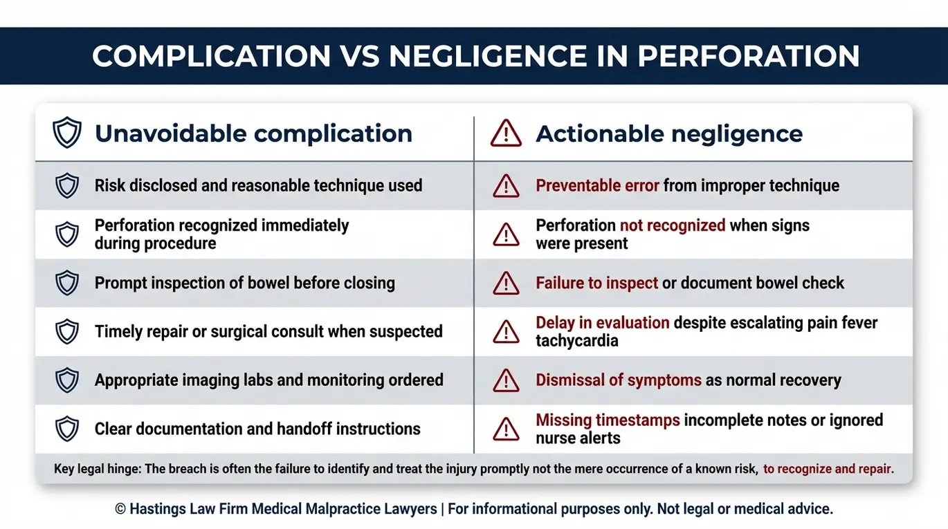 Comparison chart explaining how a Fort Worth Bowel Perforation Lawyer distinguishes a known surgical complication from actionable negligence using standard of care versus breach indicators like missed recognition, delayed imaging, and delayed repair.