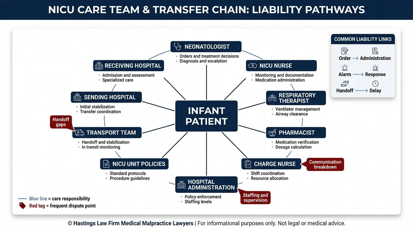 Entity map explaining Texas NICU Malpractice Lawyer liability pathways among neonatologist nurse hospital transport team and how handoffs and monitoring failures connect to responsibility.