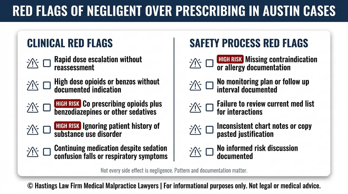 Checklist of red flags used by an Austin Over Prescribing of Medication Lawyer to identify negligent prescribing including high risk combinations missing monitoring and poor documentation.