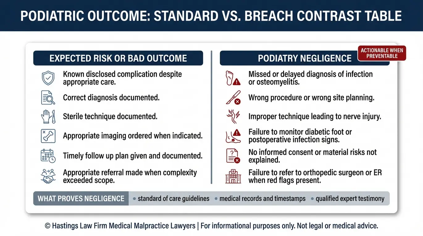 Tabla comparativa elaborada por un abogado especializado en negligencia médica podológica de Arizona, en la que se comparan los resultados adversos con los casos de negligencia podológica que implican incumplimientos de los estándares de atención, tales como el diagnóstico erróneo de una infección, la falta de consentimiento informado y la omisión de la derivación a un especialista.
