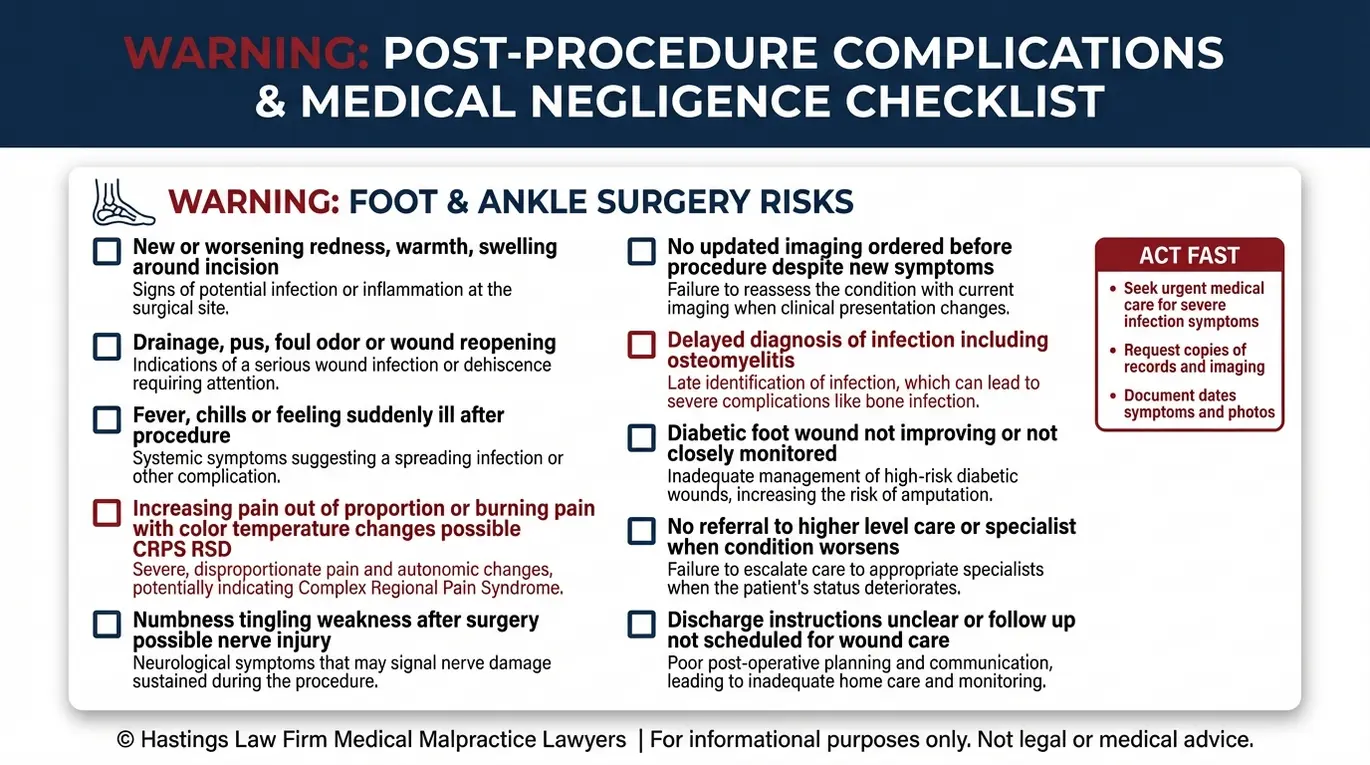 Warning checklist of podiatry malpractice red flags for patients reviewing possible negligence with a Texas Podiatrist Malpractice Lawyer including infection signs nerve injury symptoms diabetic foot wound concerns and outdated imaging.