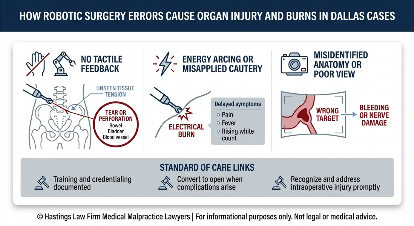 Diagrama clínico que muestra cómo los errores en la cirugía robótica pueden provocar perforaciones de órganos, quemaduras y daños nerviosos, aspectos relevantes para una demanda presentada ante un abogado especializado en negligencia médica en cirugía robótica de Dallas.