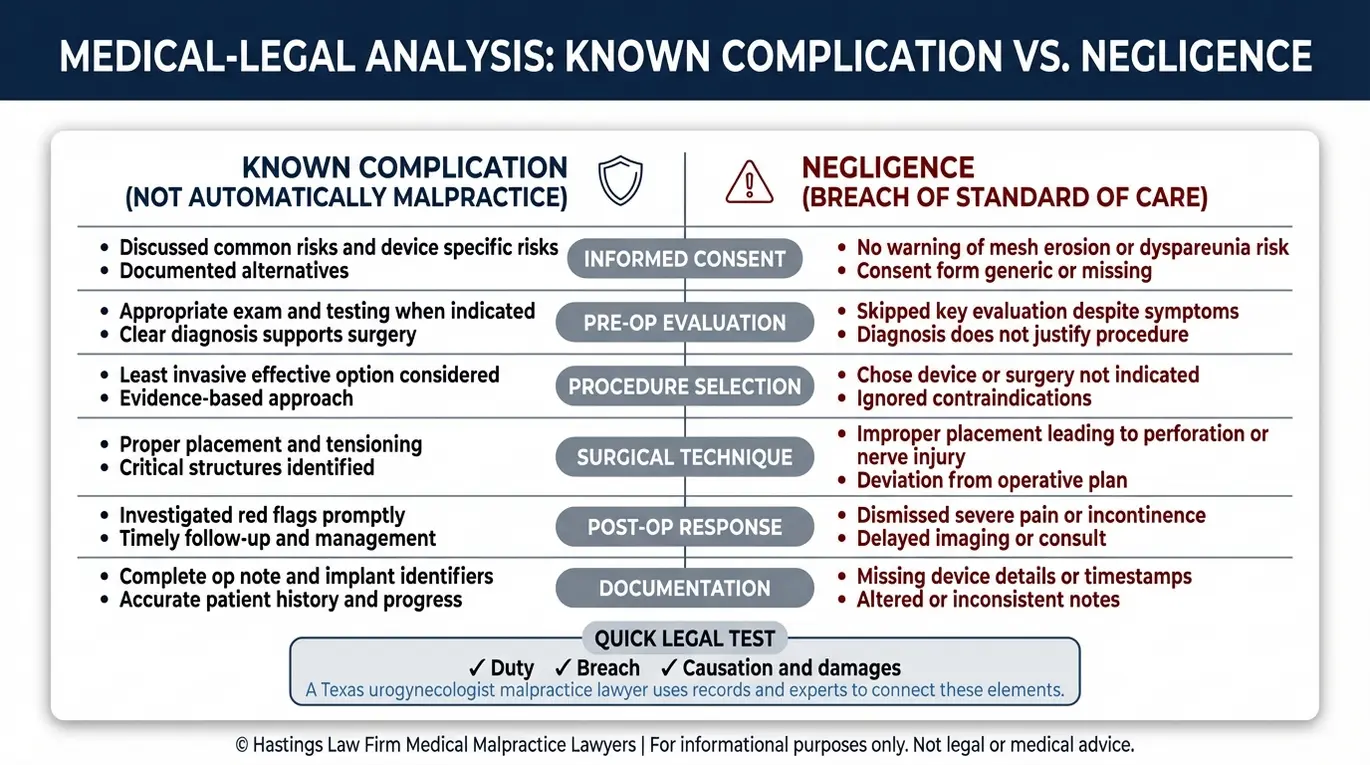 Tabla comparativa que explica la diferencia entre «complicación» y «negligencia» según el estándar de atención en uroginecología, en respuesta a una consulta de un abogado especializado en negligencia médica de un uroginecólogo Texas.
