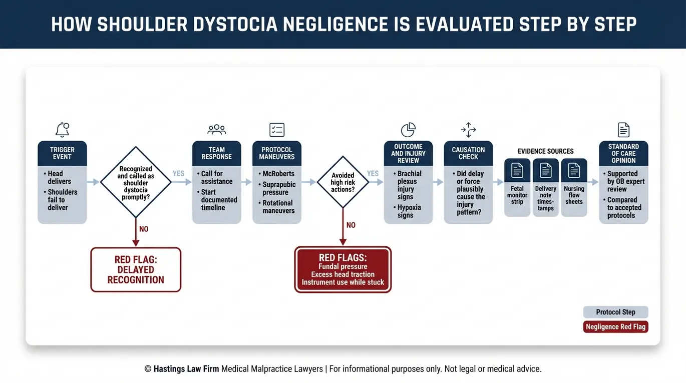 Diagrama de flujo del proceso que muestra cómo un Abogado de Distocia de Hombro de Dallas evalúa la causalidad de la violación del estándar de cuidado y la evidencia clave del expediente médico.