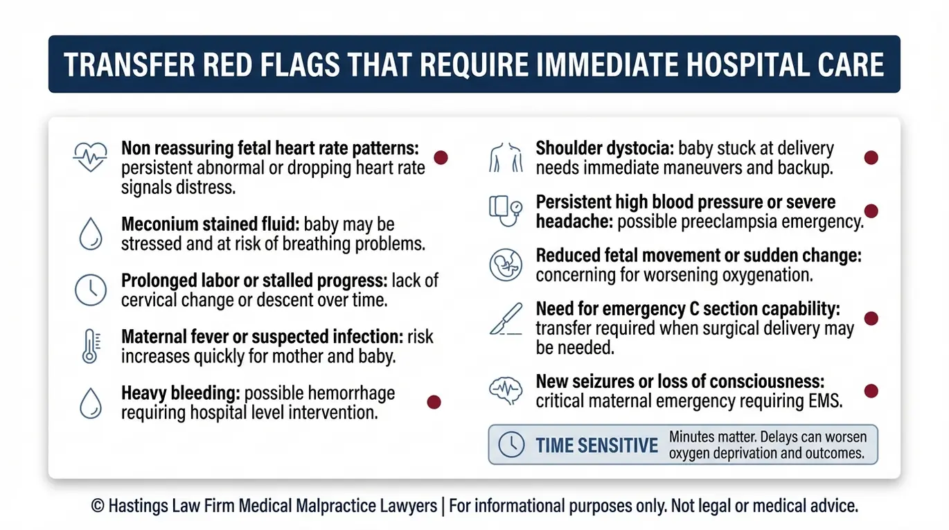 Warning checklist showing urgent red flags that support a Texas Birth Center Transfer Delay Lawyer claim including non reassuring fetal heart rate, meconium, prolonged labor, bleeding, infection, shoulder dystocia, and need for emergency C section.