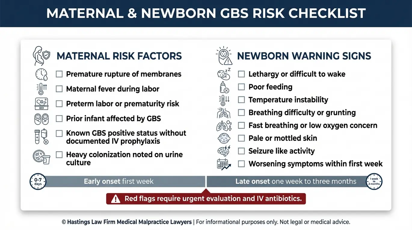 Warning checklist of maternal risk factors and newborn symptoms used to spot neonatal infection in evaluations by a Texas Group B Streptococcus Birth Injury Lawyer, including early onset and late onset timing.
